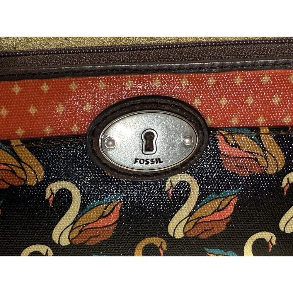 NEW Authentic Fossil Key-Per Brown/Orange Swan Print Card Wallet Fall Colors - Picture 12 of 16